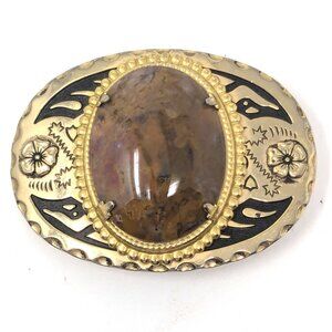 Jasper Cabochon Belt Buckle Native Adirondack Style Bear Paw Gold Tone Enamel